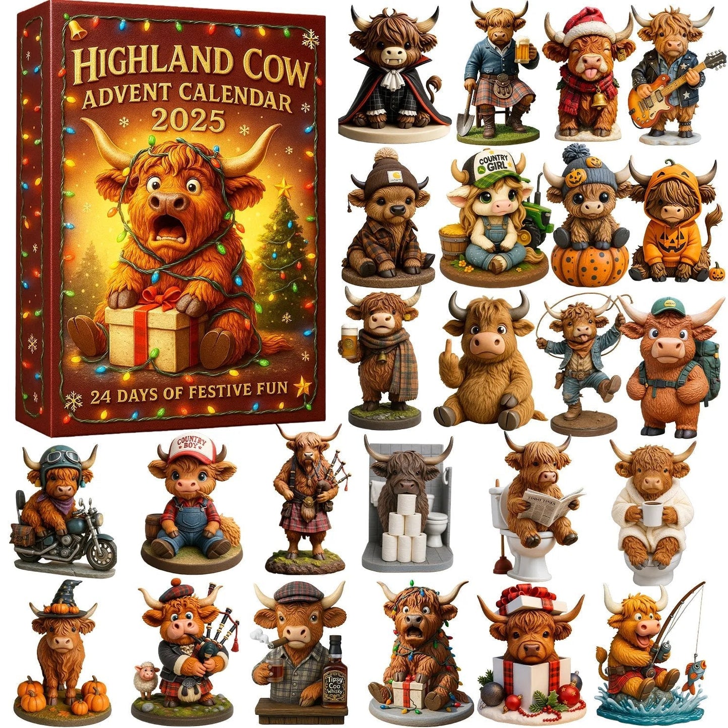 🐮Highland Cow Adventskalender 2025🎄✨ - 3D Handgjord Highland Cow Doll (24 st)