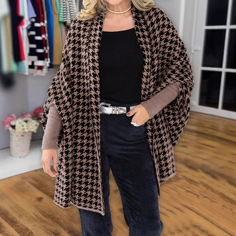 Damponcho Med Öppen Framsida Och Hundtandsmönster