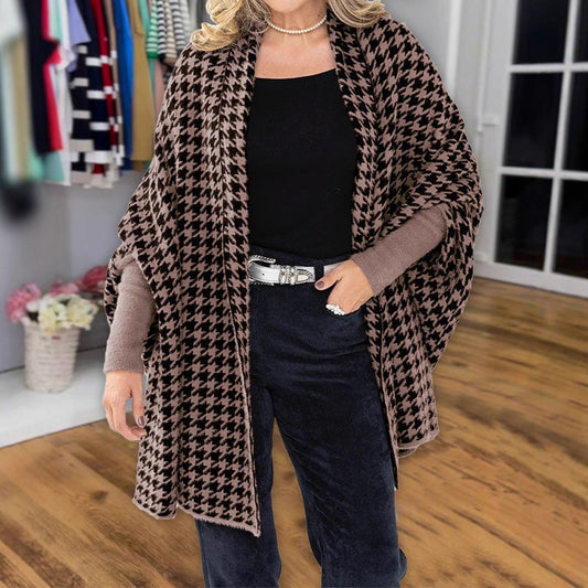 Damponcho Med Öppen Framsida Och Hundtandsmönster